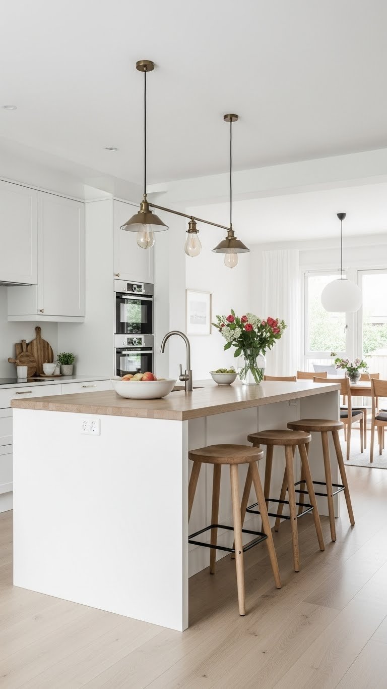 Sleek Scandi kitchen island with pale quartz countertop, minimalist bar stools, pendant lighting, connecting kitchen and living areas.