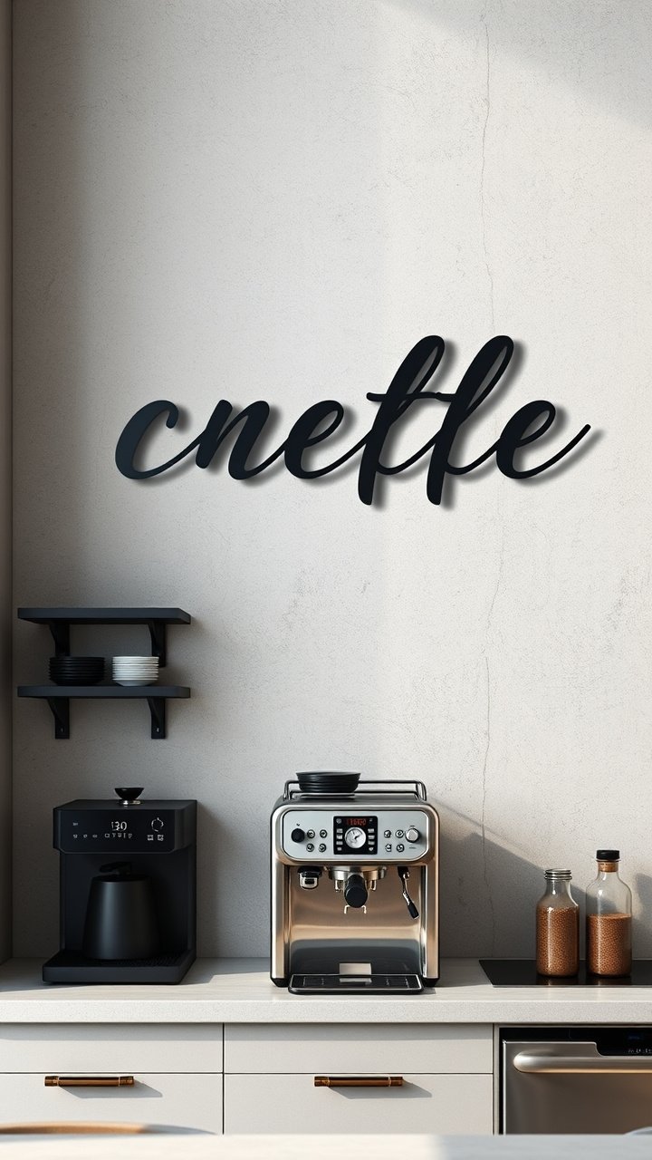 9 Brilliant Kitchen Wall Art Ideas And How To Hang Them 17 Sleek black metal cursive word art mounted on a gray concrete wall above a modern coffee bar in an industrial-style kitchen.