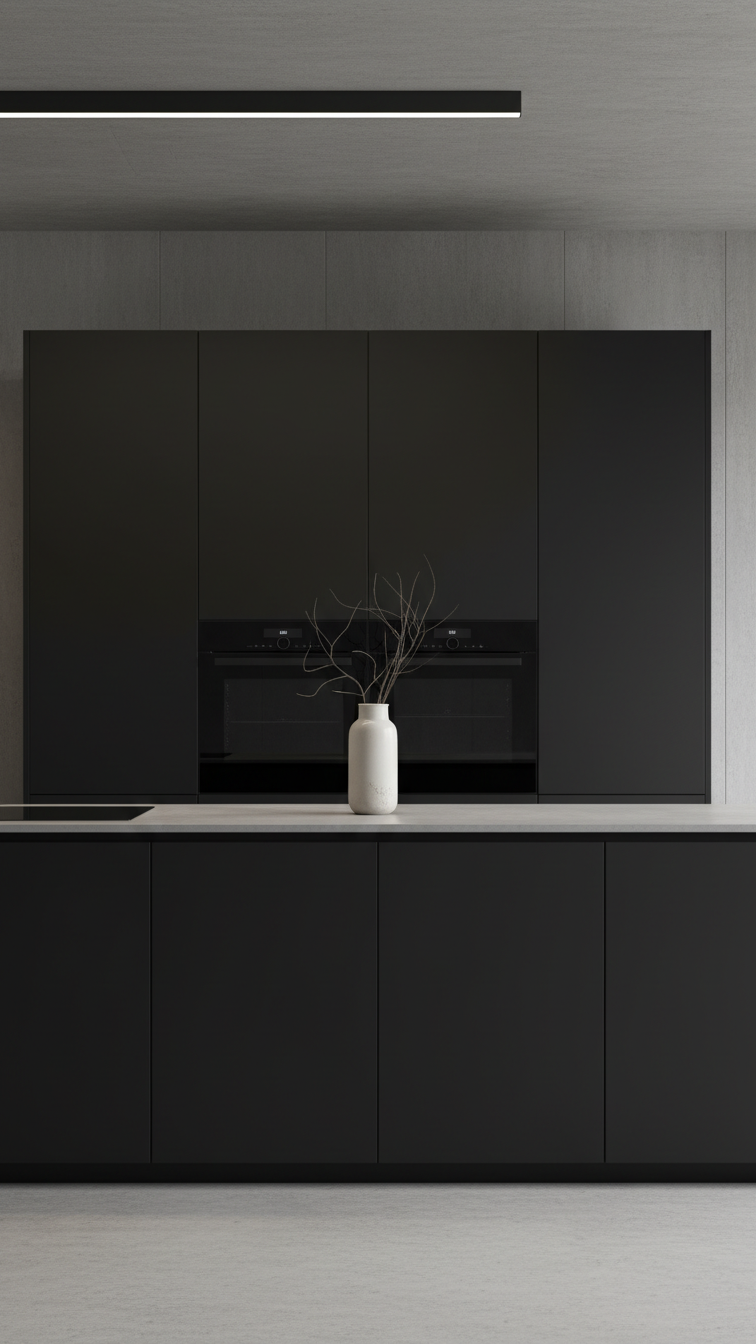 Sleek black minimalist kitchen with handleless matte black cabinets and integrated appliances for a clean, seamless look.