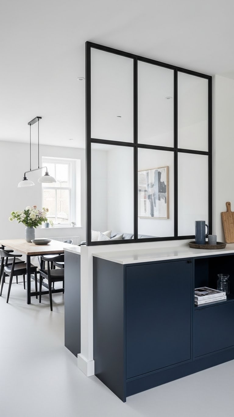 Sleek black steel frame glass partition dividing open concept kitchen and living room. Modern industrial elegant home interior design.