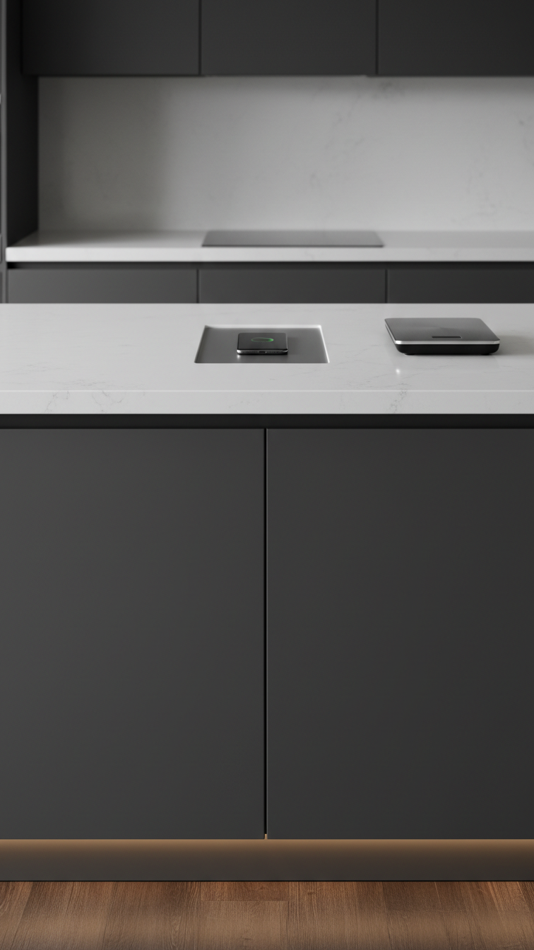 Sleek charcoal kitchen island with integrated wireless charging pad, minimalist smartphone, and subtle under-cabinet lighting.