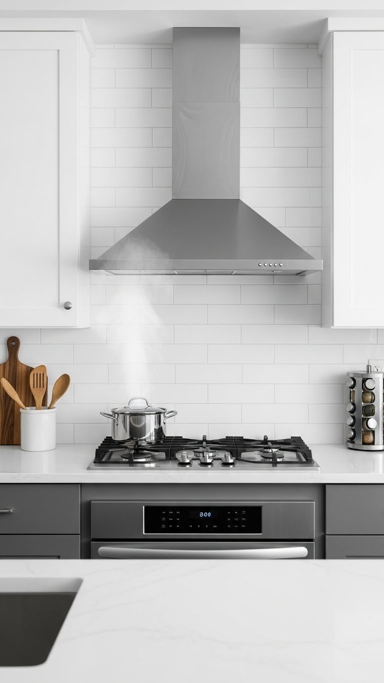 Sleek chimney-style range hood over compact stovetop with steam, enhancing a modern kitchen's functional design.