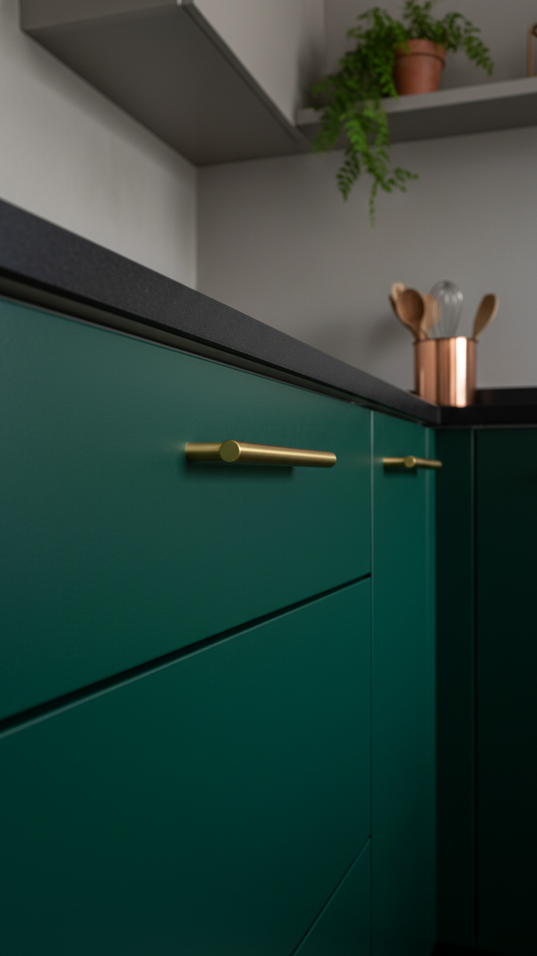 Sleek contemporary satin brass handle centered on a deep green matte cabinet, enhancing an elegant kitchen with soft natural light.