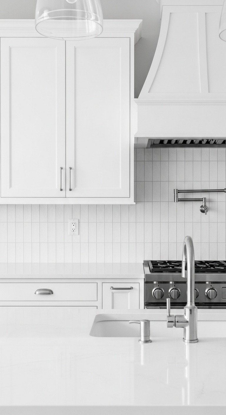 Sleek contemporary white kitchen with vertical stacked subway tile backsplash, white quartz counter, flat-panel cabinets, and modern silver hardware.