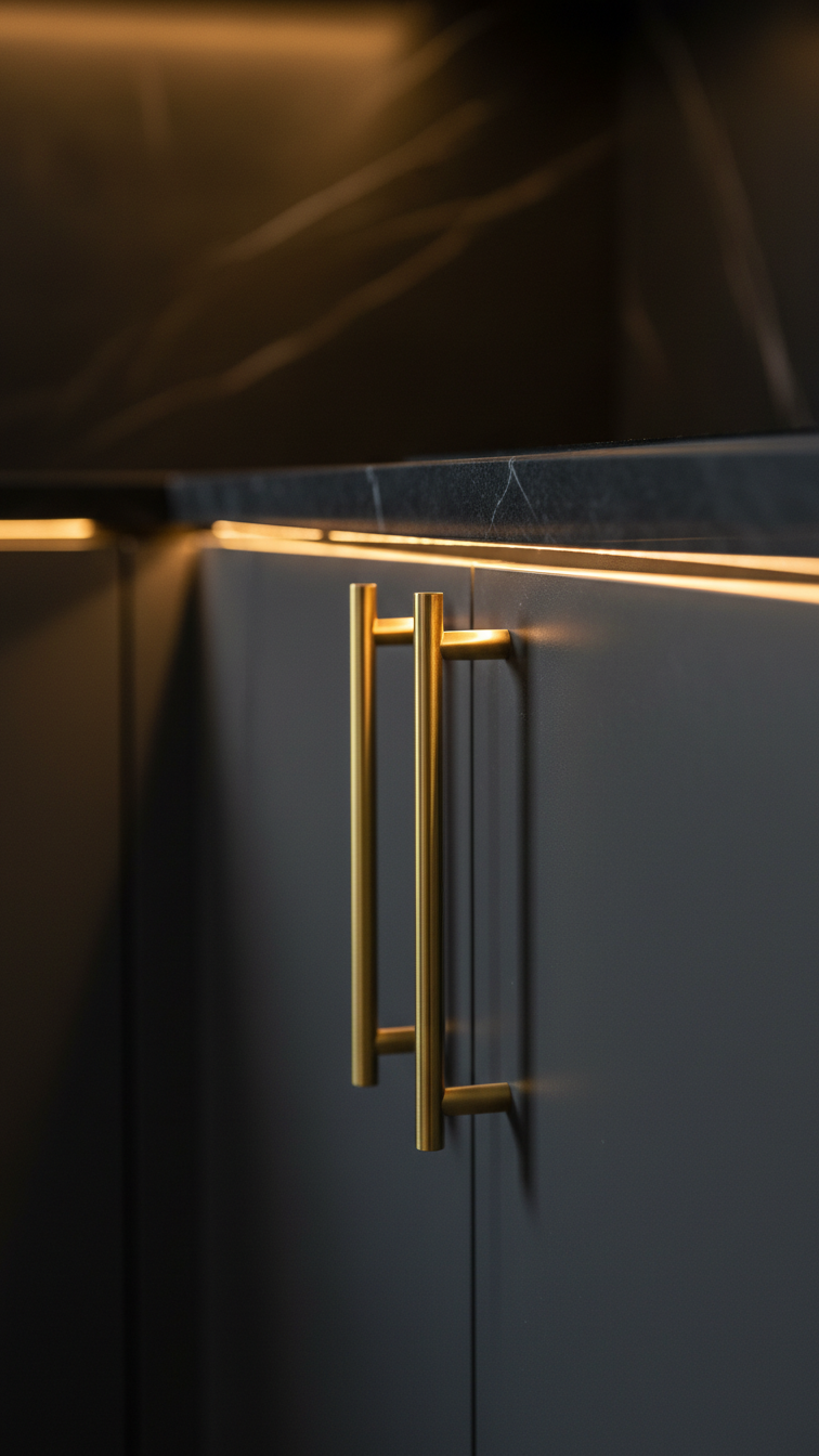 Sleek dark charcoal flat-panel kitchen cabinets with polished brass long bar pulls, enhanced by under-cabinet LED lighting.