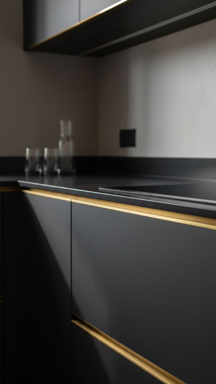 Sleek dark gray handleless kitchen cabinets featuring integrated brass channel pulls, creating a thin gold accent line.
