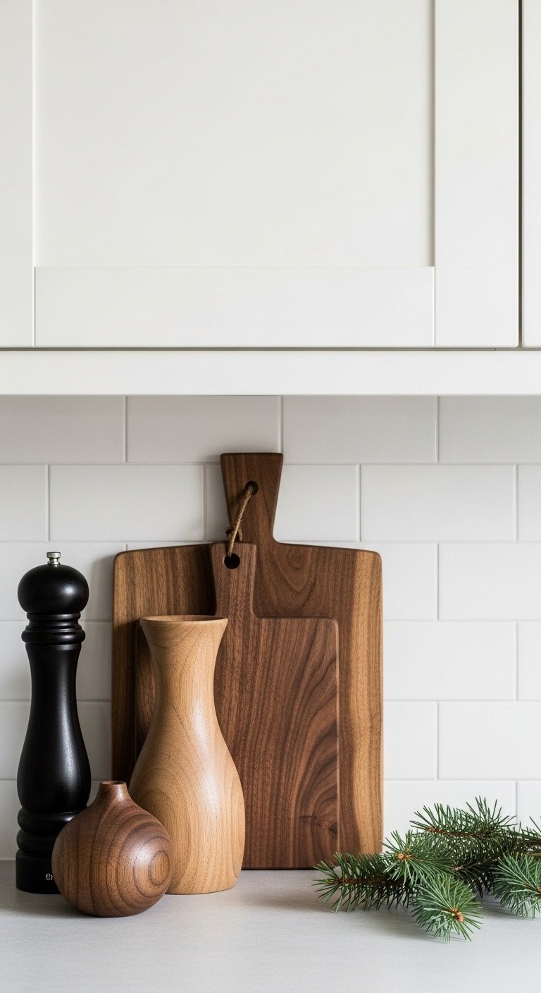 Sleek dark walnut kitchen accessories (pepper mill, wood vase, cutting board) on a stone counter, white subway tile.