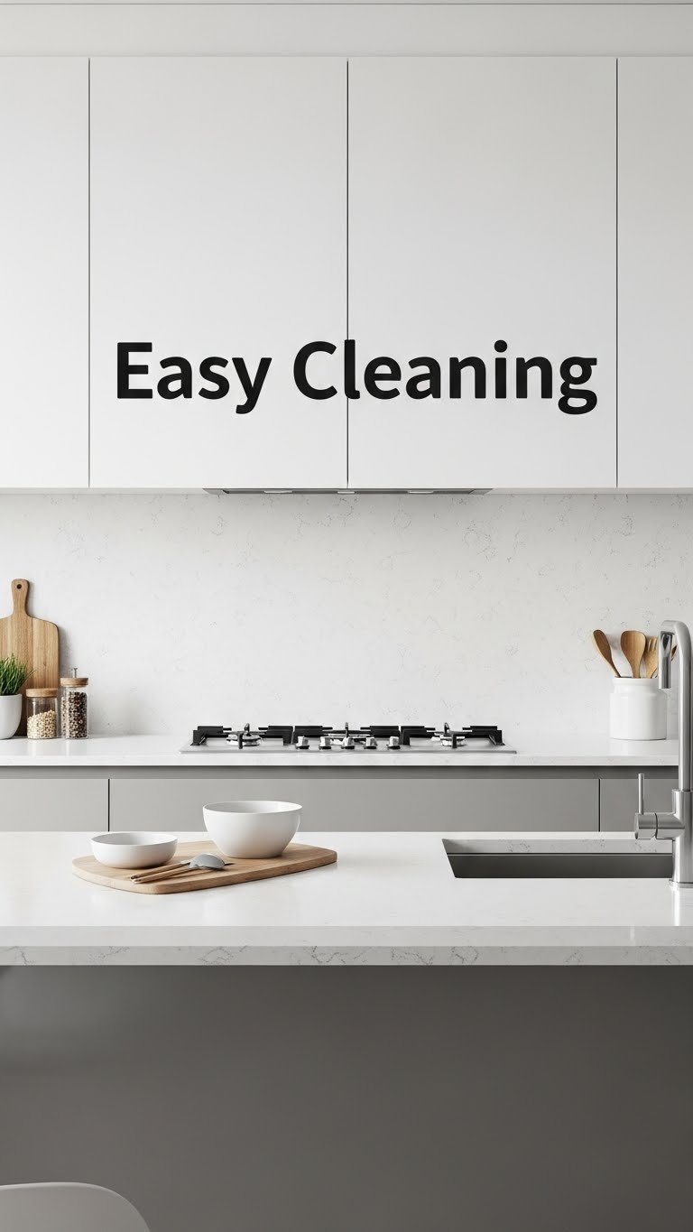 Sleek, easy-to-clean open kitchen in Indian home with quartz countertop, high-gloss backsplash, integrated sink, and whites & grays.
