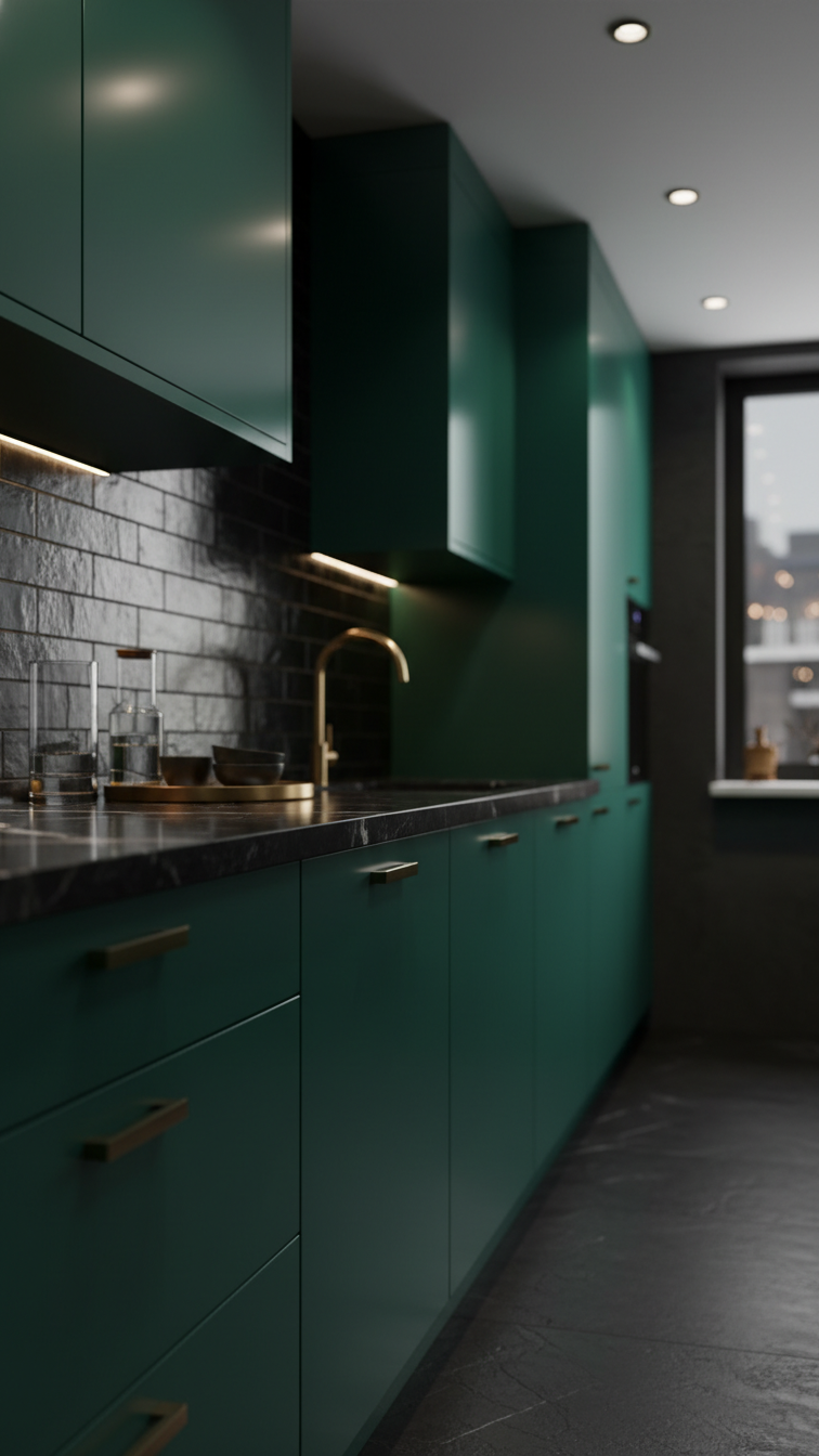 Sleek emerald green flat-front cabinets, recessed lighting, gold accessories, dark marble countertop, black subway tile. Elegant design.