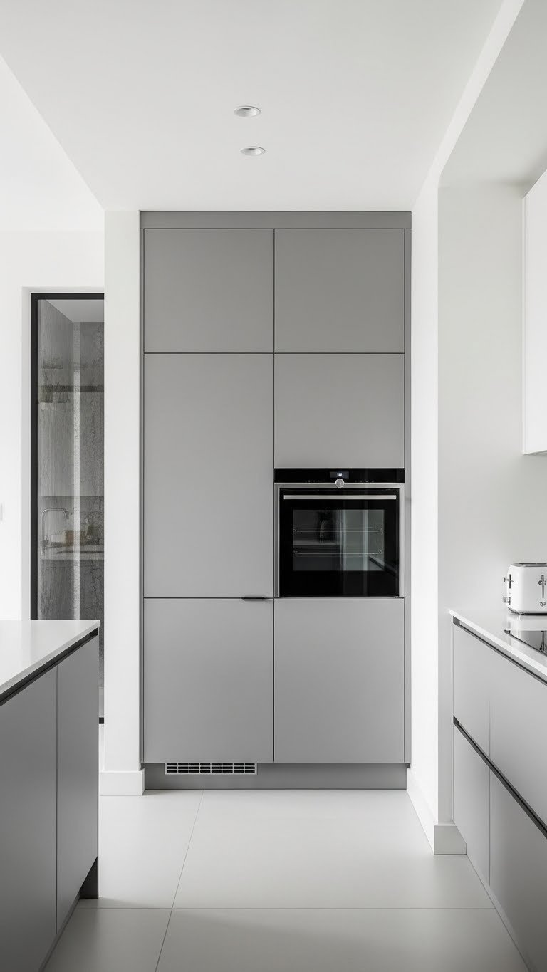 Sleek floor-to-ceiling modular kitchen with integrated appliances, handle-less design, grays and whites, in a modern Indian home.