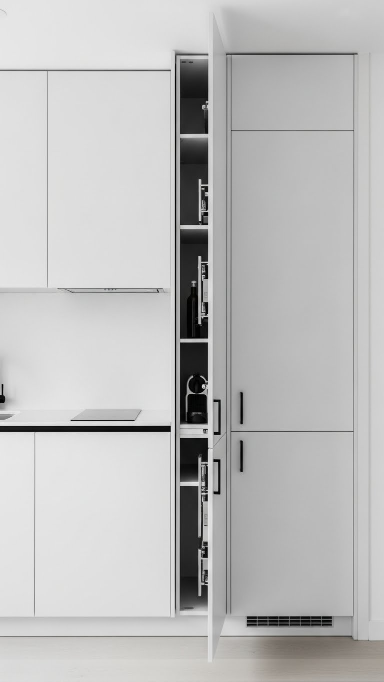 Sleek floor-to-ceiling white handleless kitchen cabinets integrate seamlessly, offering minimalist vertical storage in a studio.