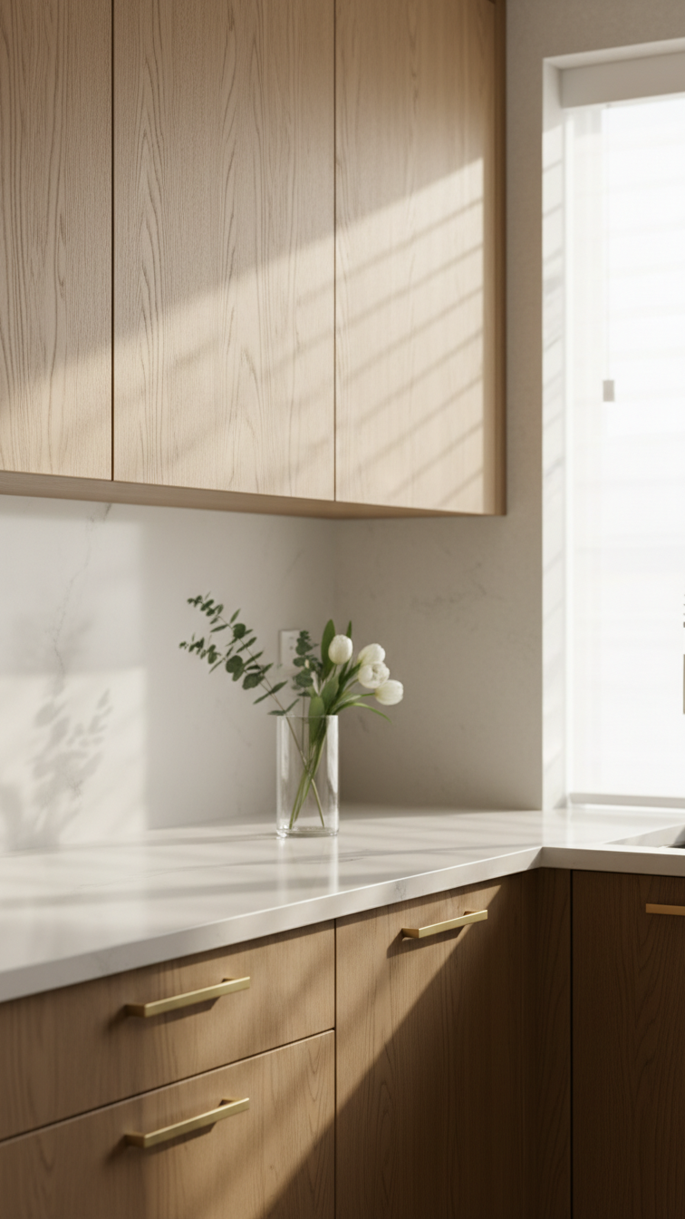 Sleek, frameless FSC-certified maple wood cabinetry with minimalist gold hardware in a modern kitchen. Sustainable and elegant design.