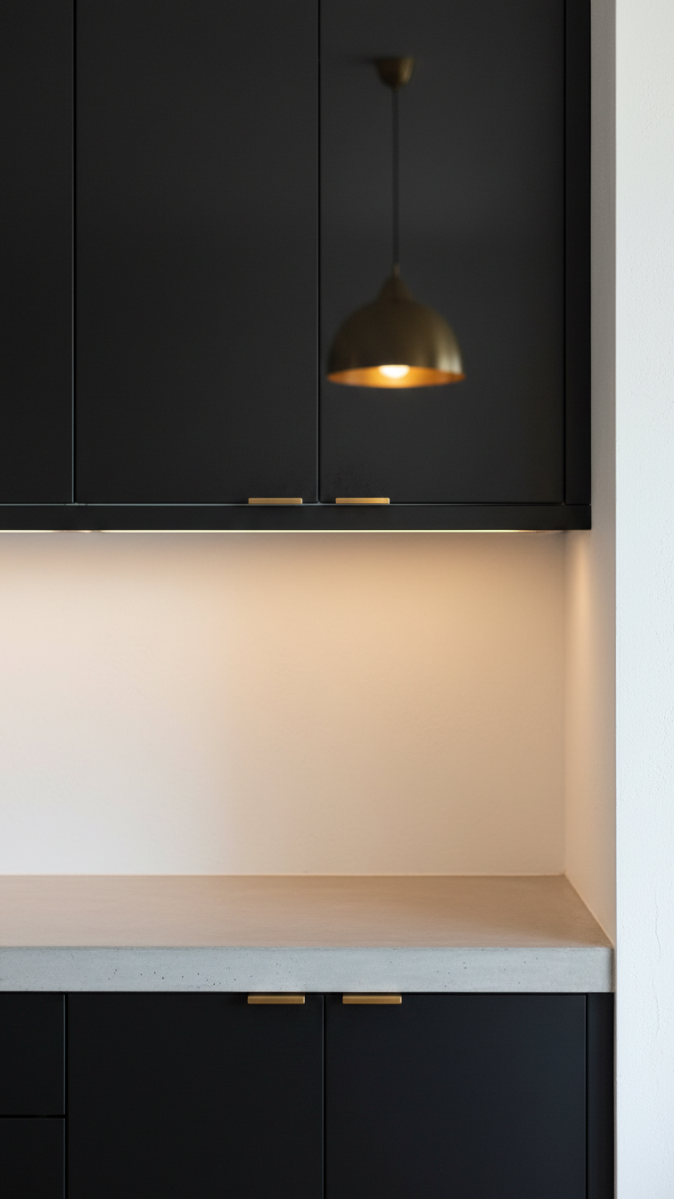 Sleek, frameless matte black kitchen cabinets with under-cabinet lighting and a brass handle, showcasing modern elegant kitchen design.