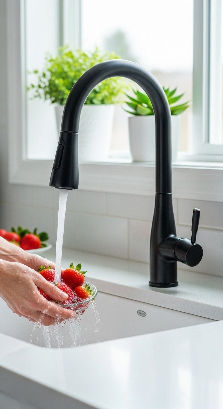 Sleek gooseneck matte black kitchen faucet with water splashing on fresh strawberries in a clean white undermount sink.