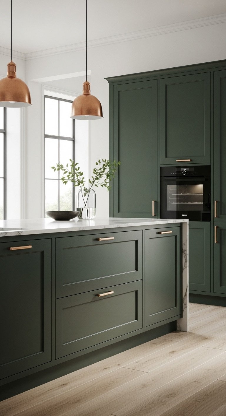 Sleek handleless forest green kitchen cabinets, white marble waterfall island, modern copper pendant lights, light oak floor.