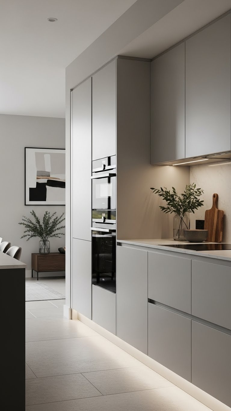 Sleek handleless matte gray cabinetry with integrated appliances in a minimalist open concept kitchen. Light stone floor.