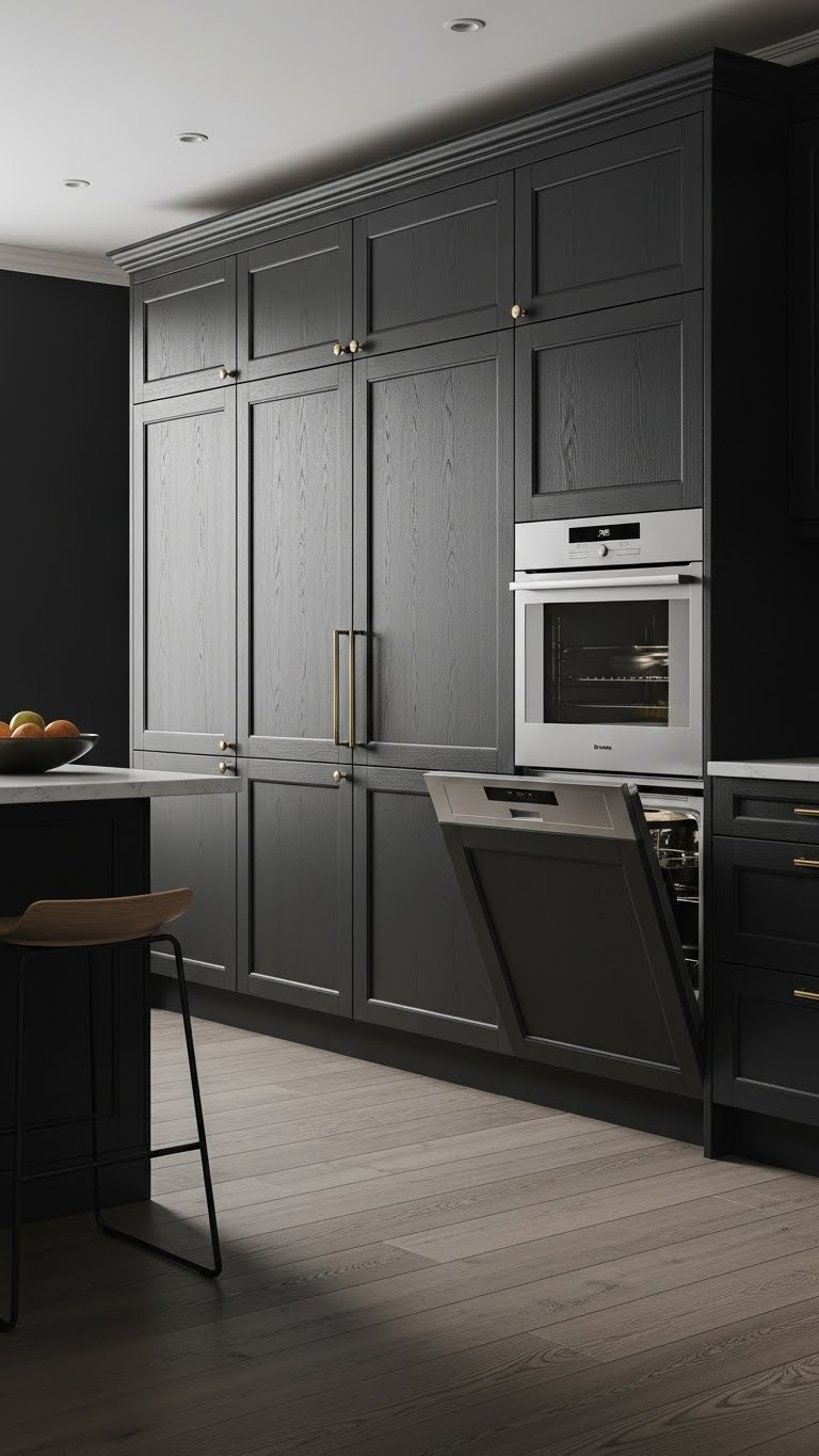 Sleek integrated paneled refrigerator and dishwasher in charcoal cabinets with a brushed stainless steel oven.