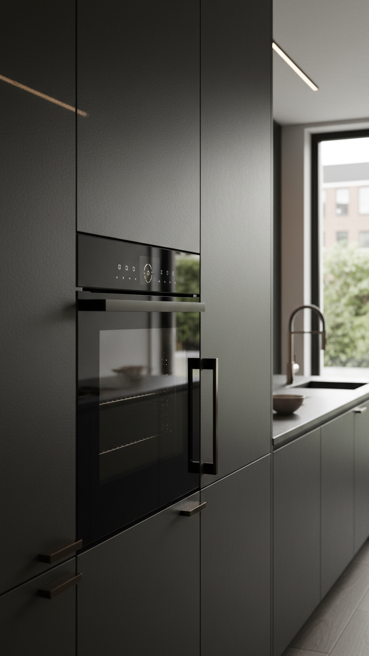 Sleek, integrated smart oven & discreet smart refrigerator panel in dark minimalist matte black kitchen cabinetry. Contemporary design.