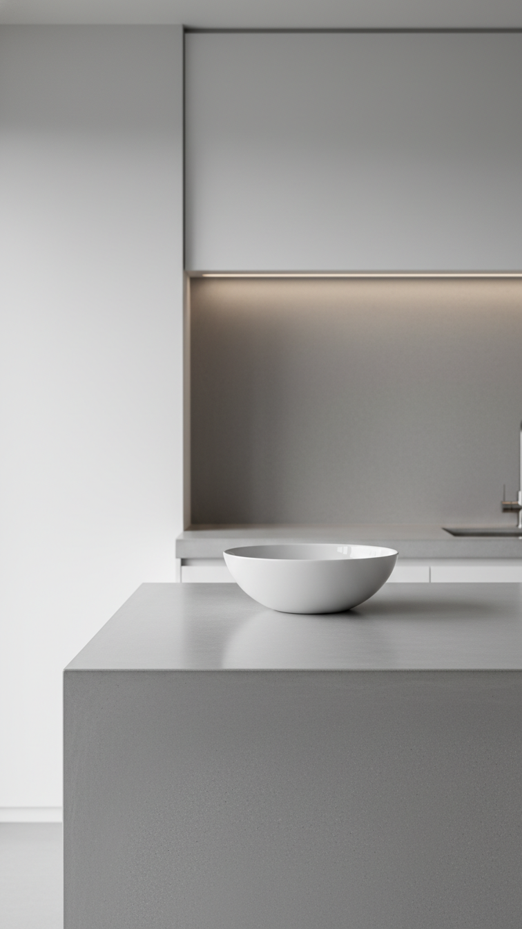 Sleek kitchen countertop in smooth honed granite with minimal seams and squared edge, clean lines, modern minimalist design, natural stone texture.