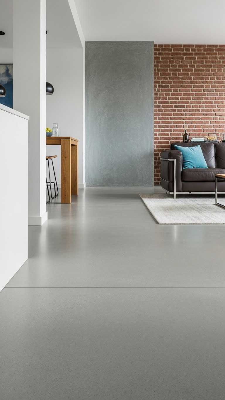 Sleek light grey polished concrete floor flowing through minimalist open concept kitchen and living space, with an area rug.