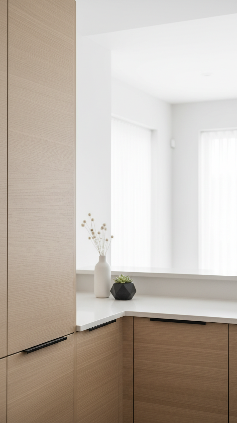 Sleek light oak modern kitchen with handleless cabinets, white countertop, matte black pulls. Minimalist design, clean aesthetic.