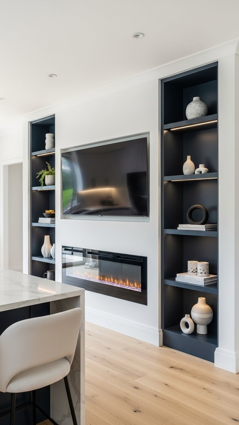 Sleek living room media wall featuring a linear electric fireplace, wall-mounted TV, dark built-in shelves, and light oak floor.