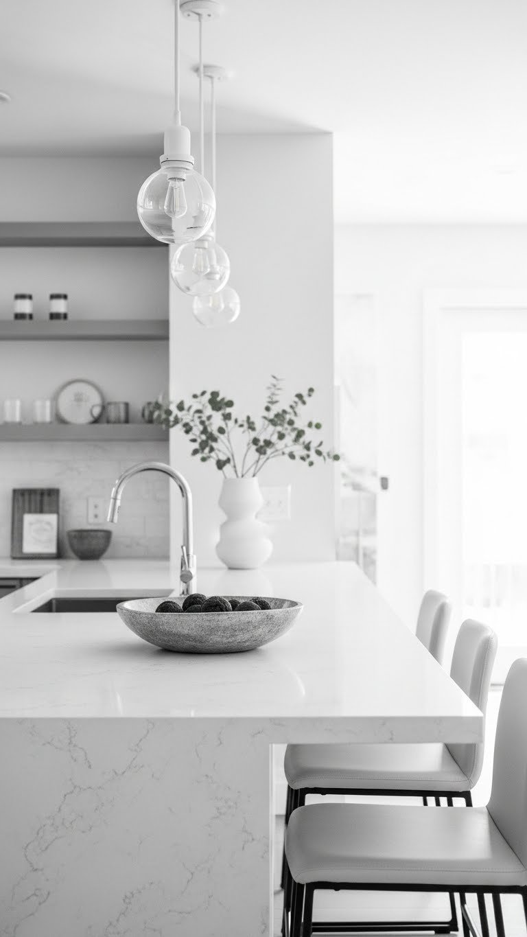Sleek long kitchen island with white quartz countertop and bar stools in a narrow open plan. Modern minimalist design with gray and white tones.