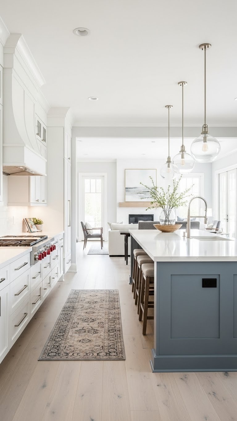 Sleek, long narrow kitchen island in an open concept, efficient space planning. Plank flooring, cool grays, natural woods.