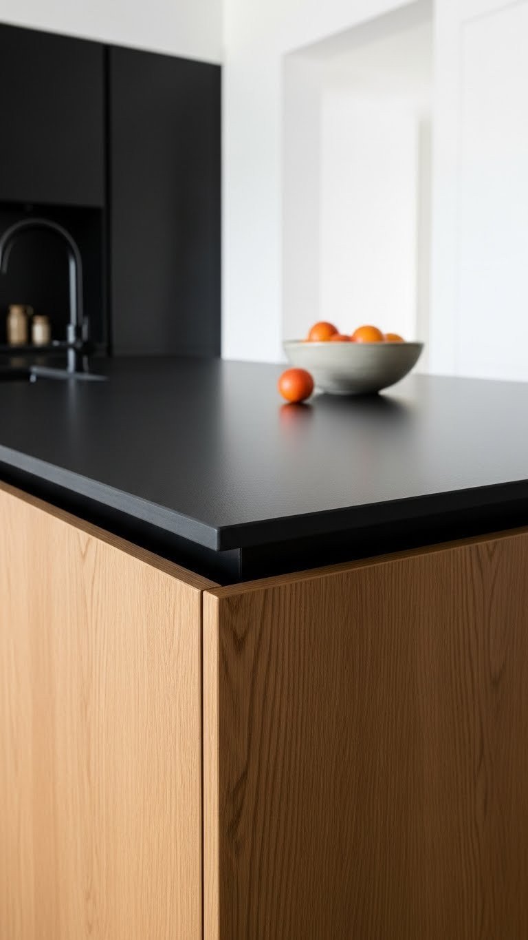 Sleek matte black countertop over dark oak kitchen cabinets, ceramic bowl, fruit. Modern, moody kitchen counter design.