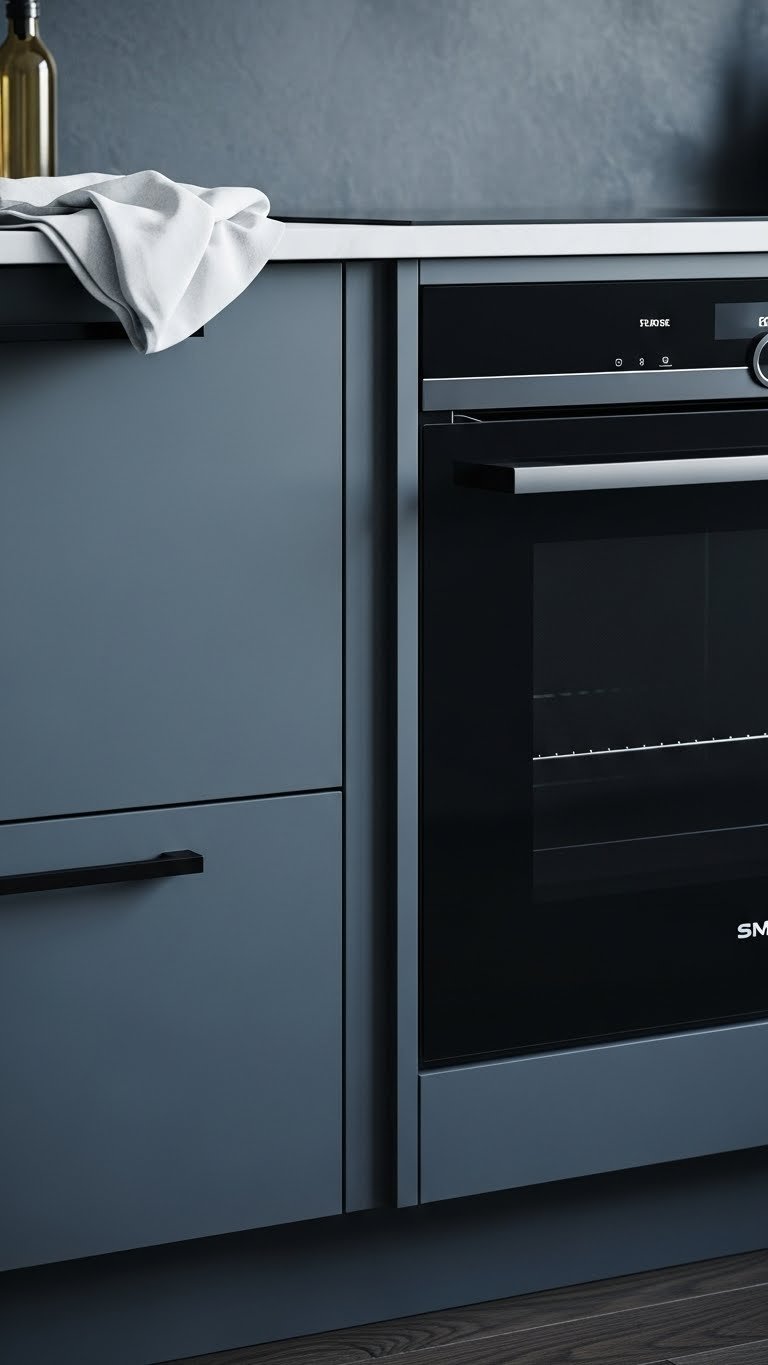 Sleek matte black handleless drawer pull on dark graphite kitchen cabinet with integrated black stainless steel appliance.
