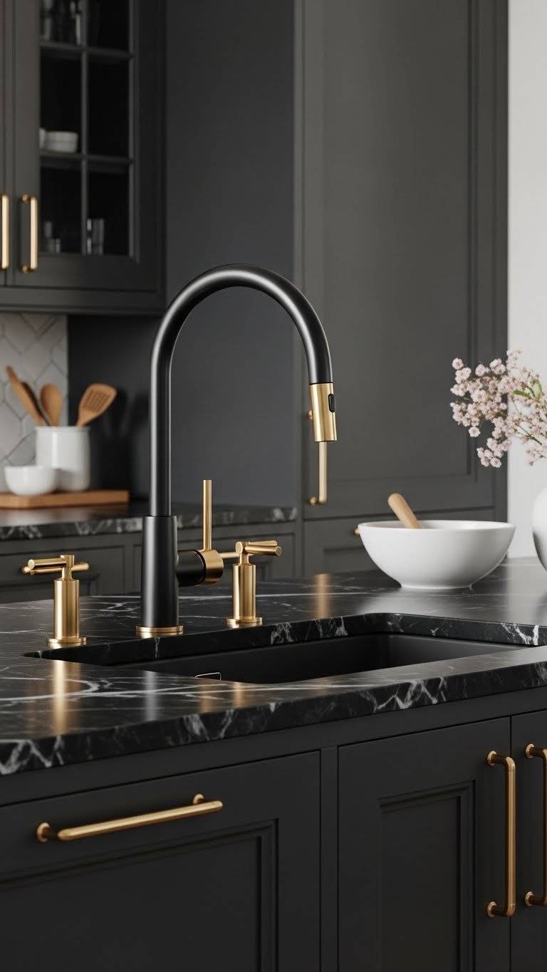 Sleek matte black kitchen faucet, gold cabinet hardware on deep gray cabinets. Modern kitchen design details.