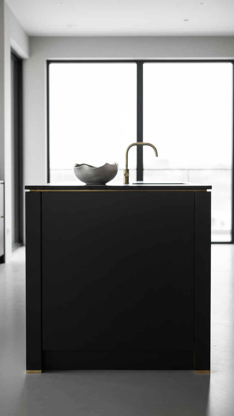Sleek matte black kitchen island with hidden handleless drawers, brass faucet, and sculptural ceramic bowl in a modern minimalist kitchen setting.