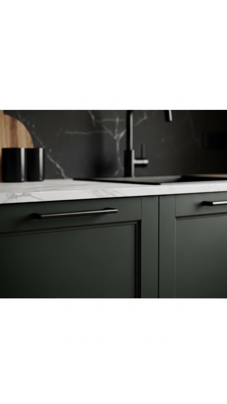 Transform Kitchens With 7 Moody Hardware Picks: Expert Tips 1 Sleek matte black linear handles on dark emerald green or charcoal grey kitchen cabinets, with marble countertop, black faucet.