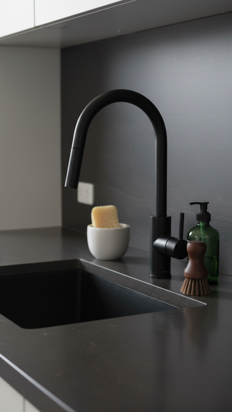 Sleek matte black pull-down kitchen faucet over a deep dark gray composite sink. White ceramic sponge holder.