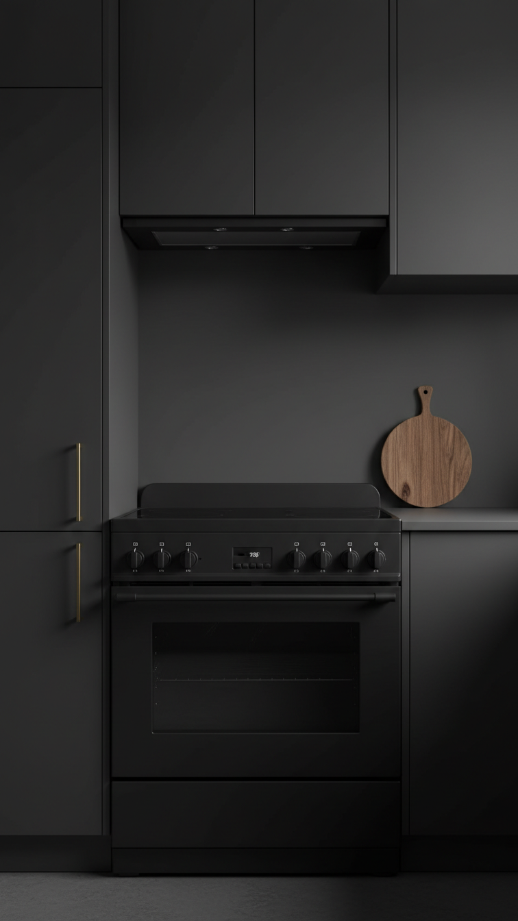 Sleek matte black refrigerator recessed into dark kitchen cabinets, featuring a wooden cutting board nearby.
