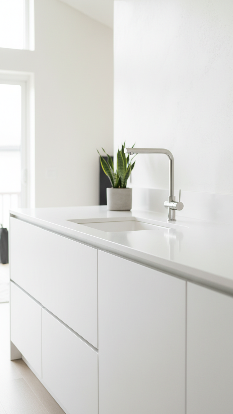 Sleek matte white handleless flat-panel cabinetry in a modern minimalist kitchen, emphasizing clean lines and absence of clutter.