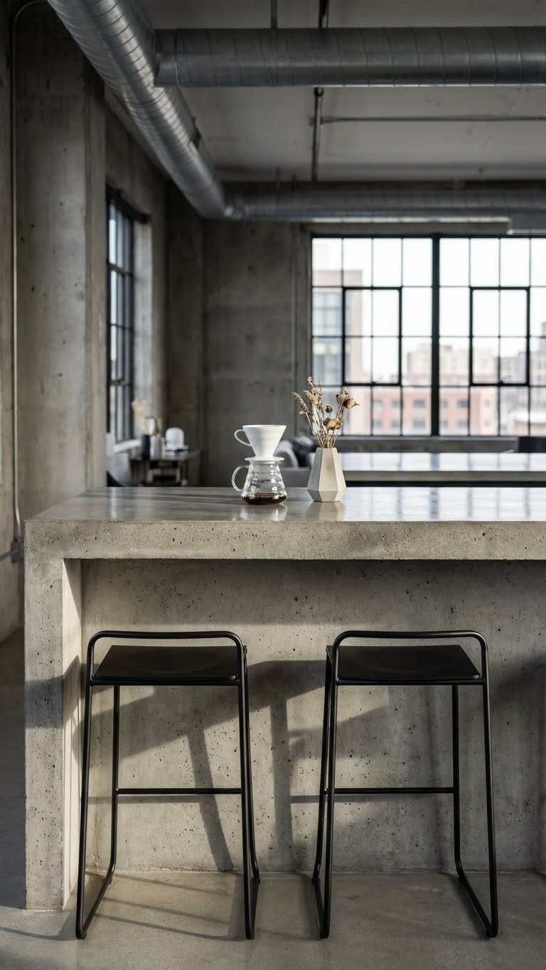 Sleek minimalist concrete bar counter in an urban loft, featuring black metal stools and a coffee pour-over set.