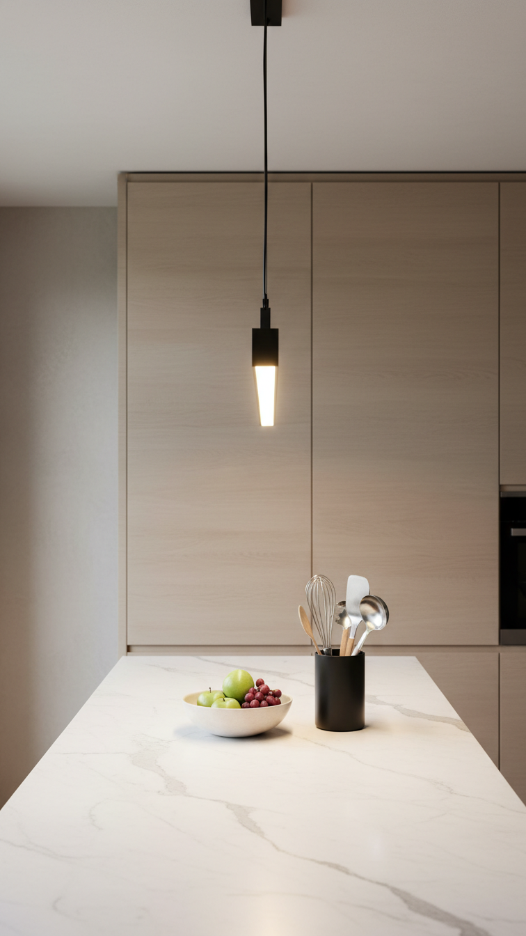 Sleek minimalist kitchen featuring a matte black linear pendant light over a white countertop island, light wood cabinetry.