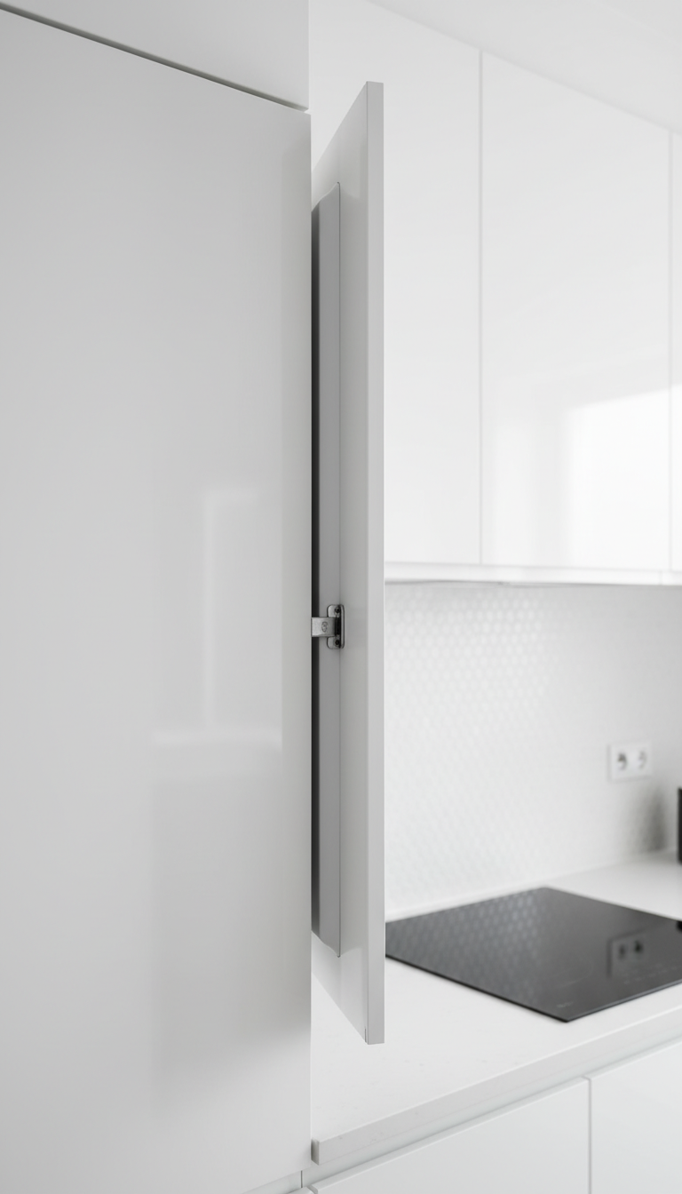 Sleek minimalist kitchen featuring an integrated, handleless, push-to-open matte white fridge door slightly ajar, showcasing seamless design.