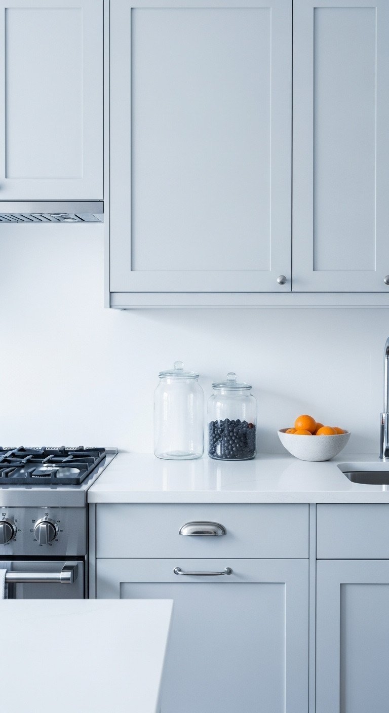 Sleek minimalist kitchen with light gray handle-less cabinets, white ceramic counter, integrated stainless steel appliances. Clean design.