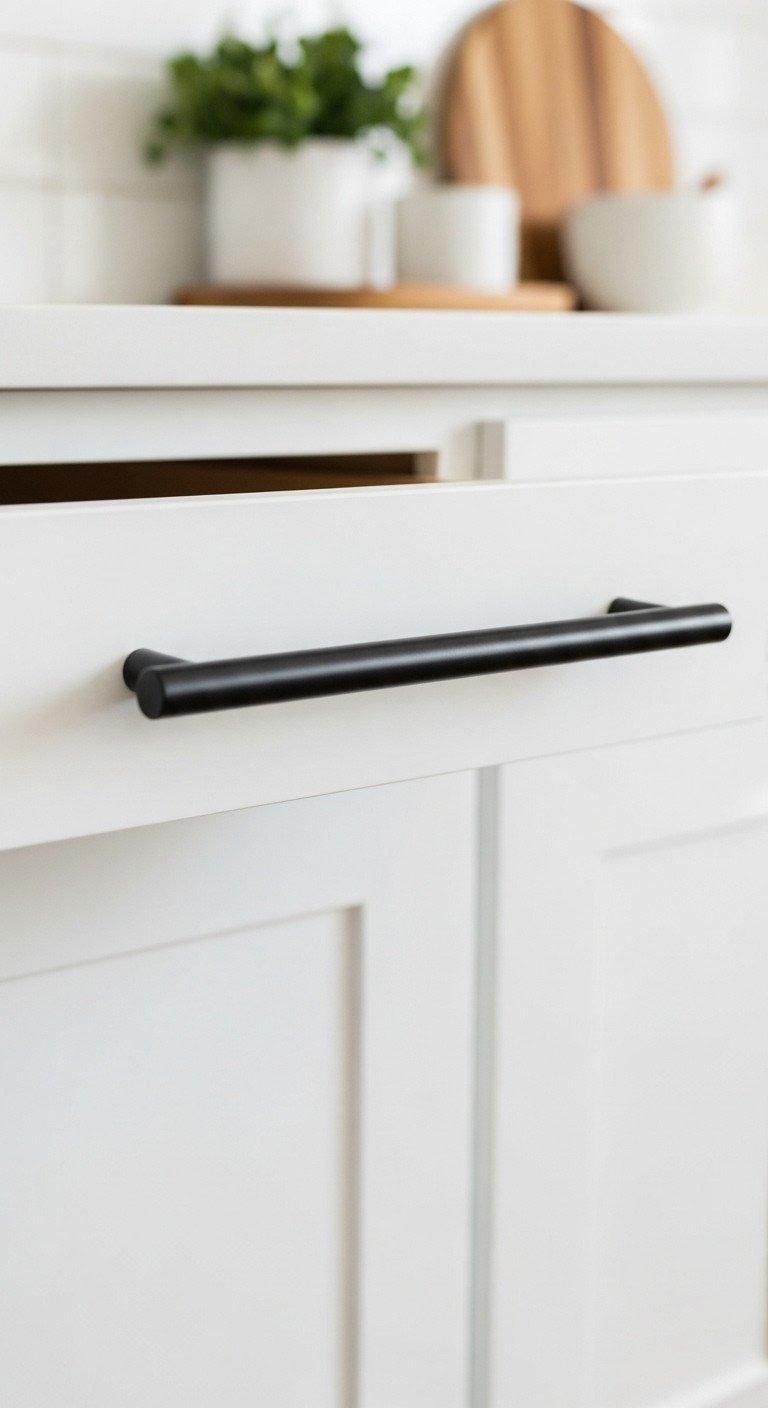 11 Genius Small Kitchen Decor Ideas To Maximize Your Space 8 Sleek, minimalist matte black cabinet pull installed on a white shaker-style kitchen drawer for a modern hardware update.