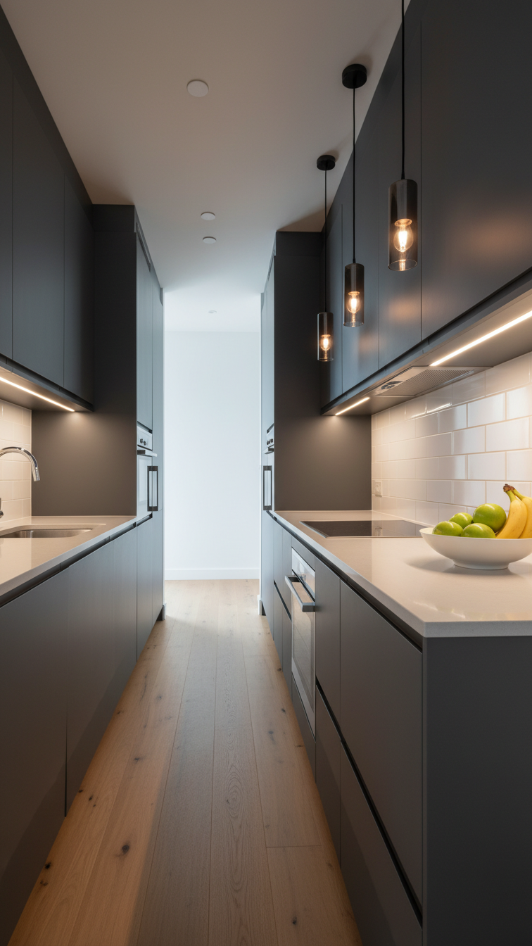 Sleek modern apartment galley kitchen with parallel dark gray minimalist cabinets, narrow walkway, and under-cabinet lighting.