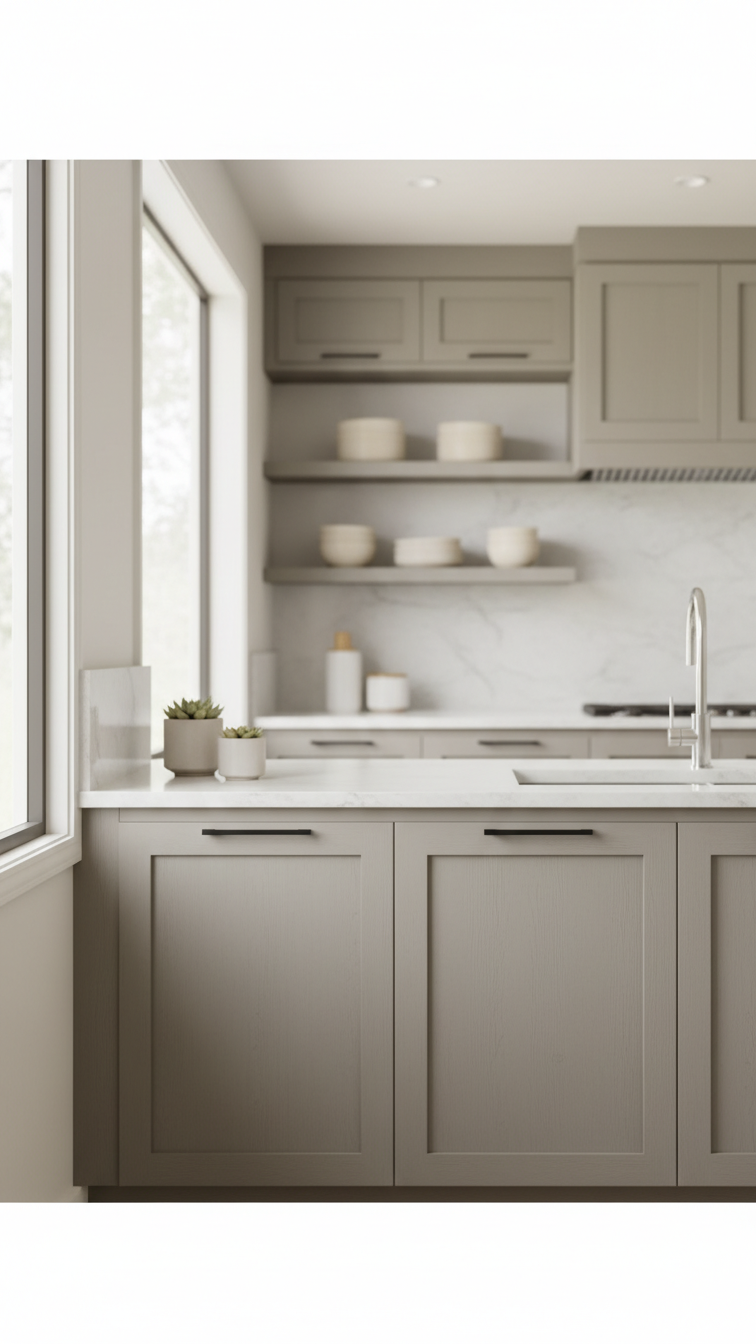Sleek modern greige handleless kitchen cabinets, matte finish, black hardware, white stone countertop, natural light.