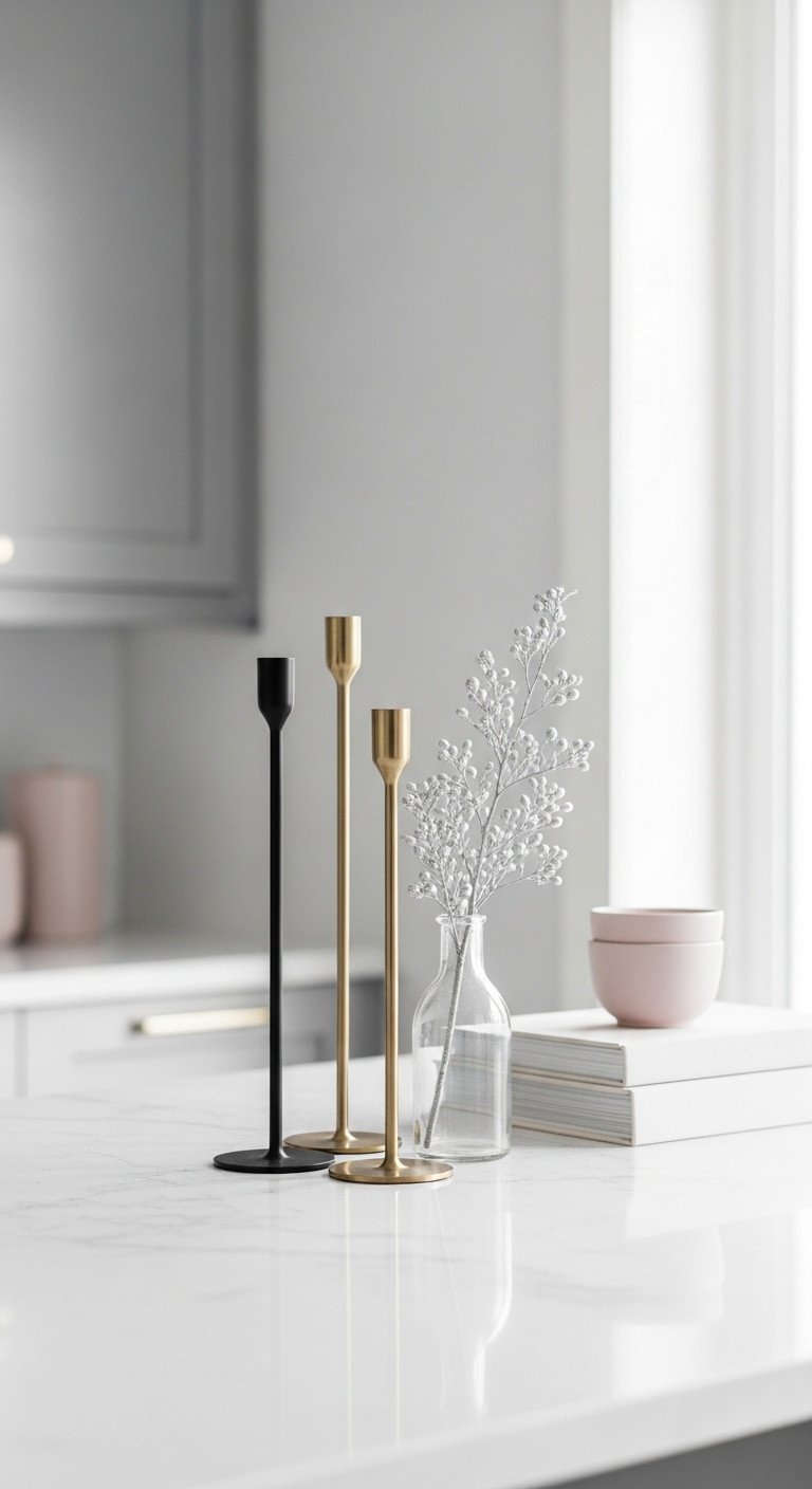 Sleek modern kitchen bar with minimalist metallic black and gold Christmas candle holders and silver sprig on white island.