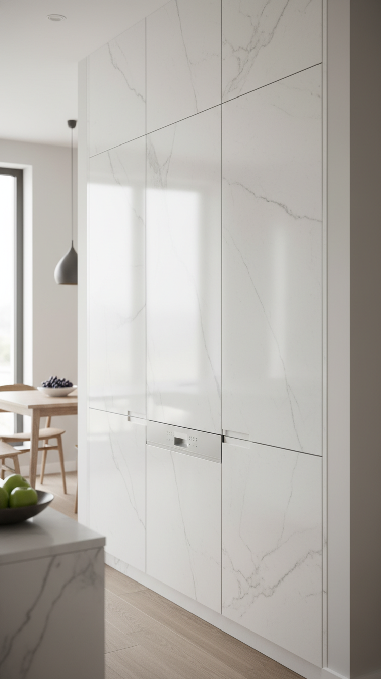 Sleek modern kitchen featuring integrated appliances concealed behind matching off-white and gray cabinet panels.