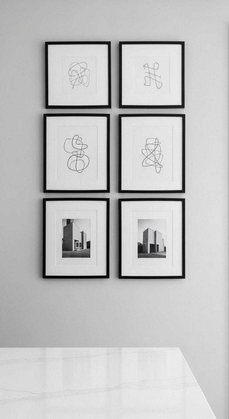 Sleek, modern kitchen gallery wall with six black frames of abstract line art arranged in a symmetrical grid.