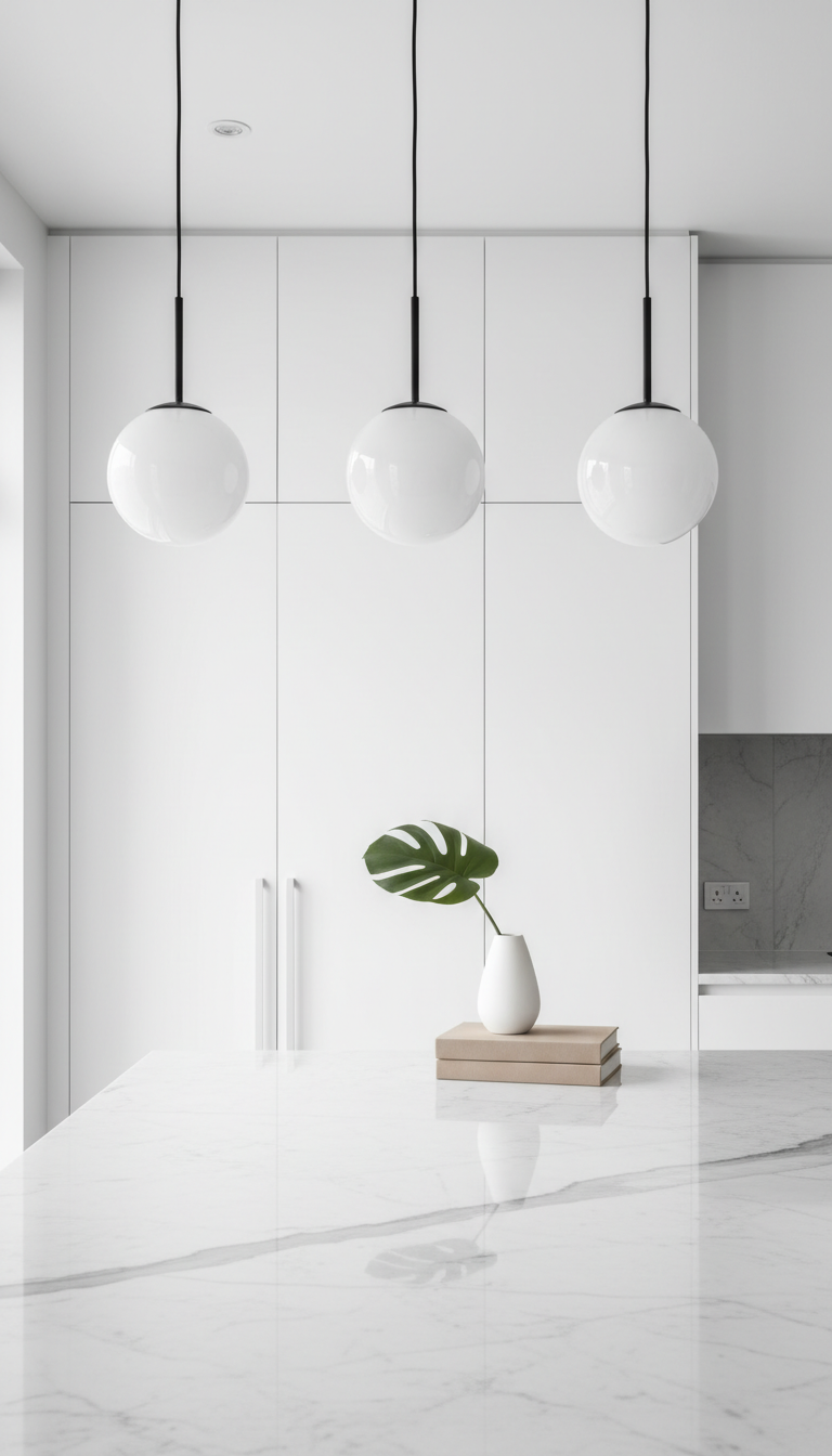 Sleek modern kitchen, three minimalist geometric pendant lights aligned over a white marble island. Clean design, white cabinetry, bright.