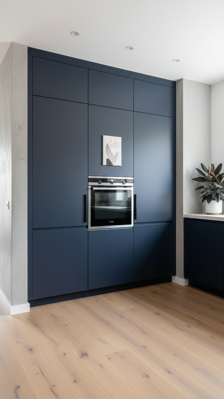 Sleek modern kitchen with dark matte handleless cabinetry concealing appliances, featuring a built-in oven framed by panels on wood flooring.