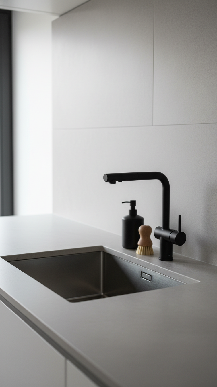Sleek modern kitchen with large single-basin undermount sink and architectural matte black faucet, clean stone countertop, minimalist design.