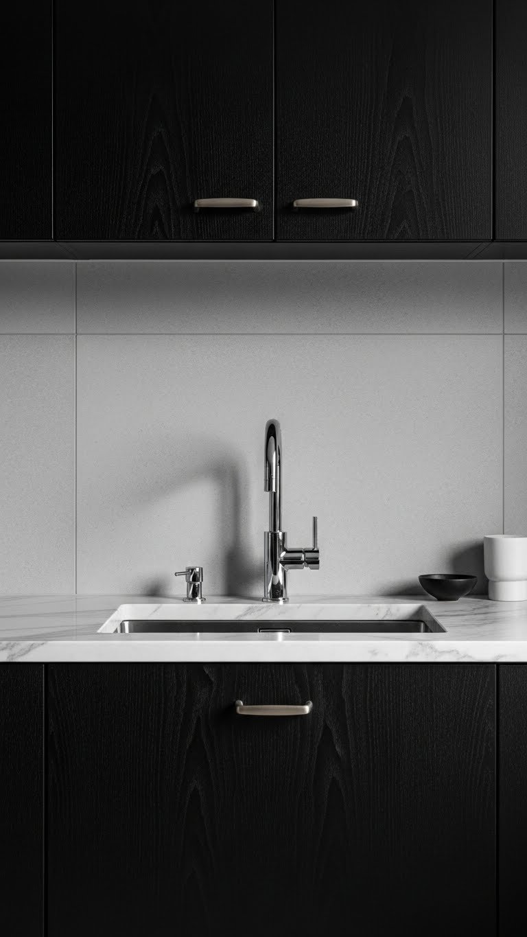 Sleek modern matte black kitchen cabinets with minimal pulls, marble counter, chrome faucet, and gray tile backsplash.